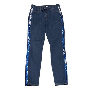 Calzedonia L large denim jean legging with sequin tuxedo side blue silver euc